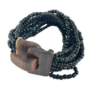 Black Glass Bead Bracelet Multi Strand Stretch Wooden Buckle Clasp Boho Tribal